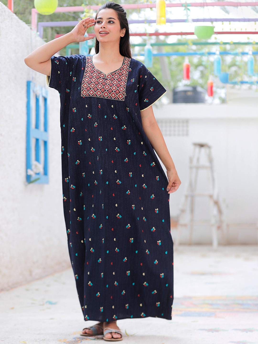 

G4Girl Cotton Printed Nightdress, Navy blue
