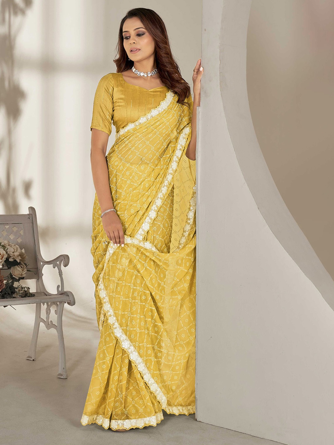 

Mitera Embellished Beads and Stones Saree, Yellow