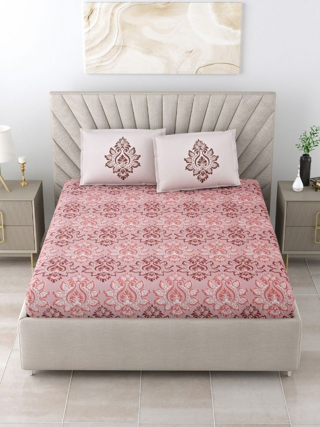 Salona Bichona Pink & White Ethnic Motifs 180 TC King Bedsheet with 2 Pillow Covers