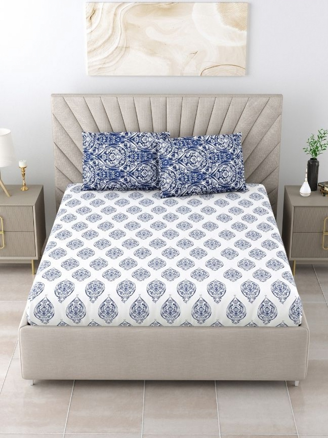 

Salona Bichona Blue & White Ethnic Motifs 180 TC King Bedsheet with 2 Pillow Covers
