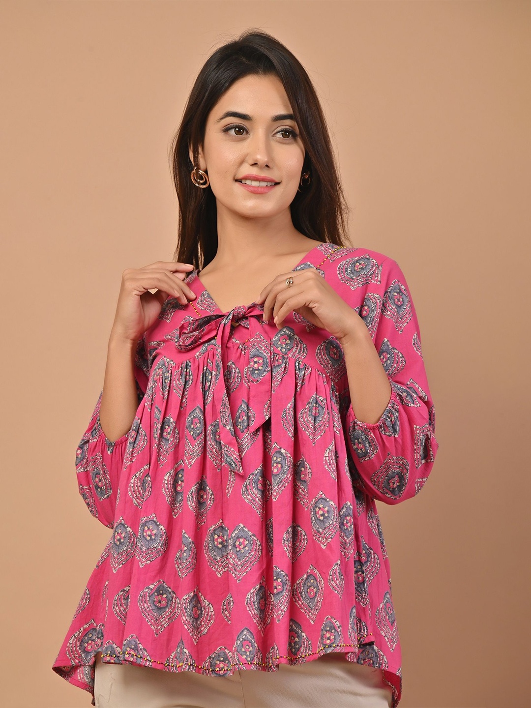 

PUKHYA Floral Printed Tie-Up Neck Empire Top, Pink
