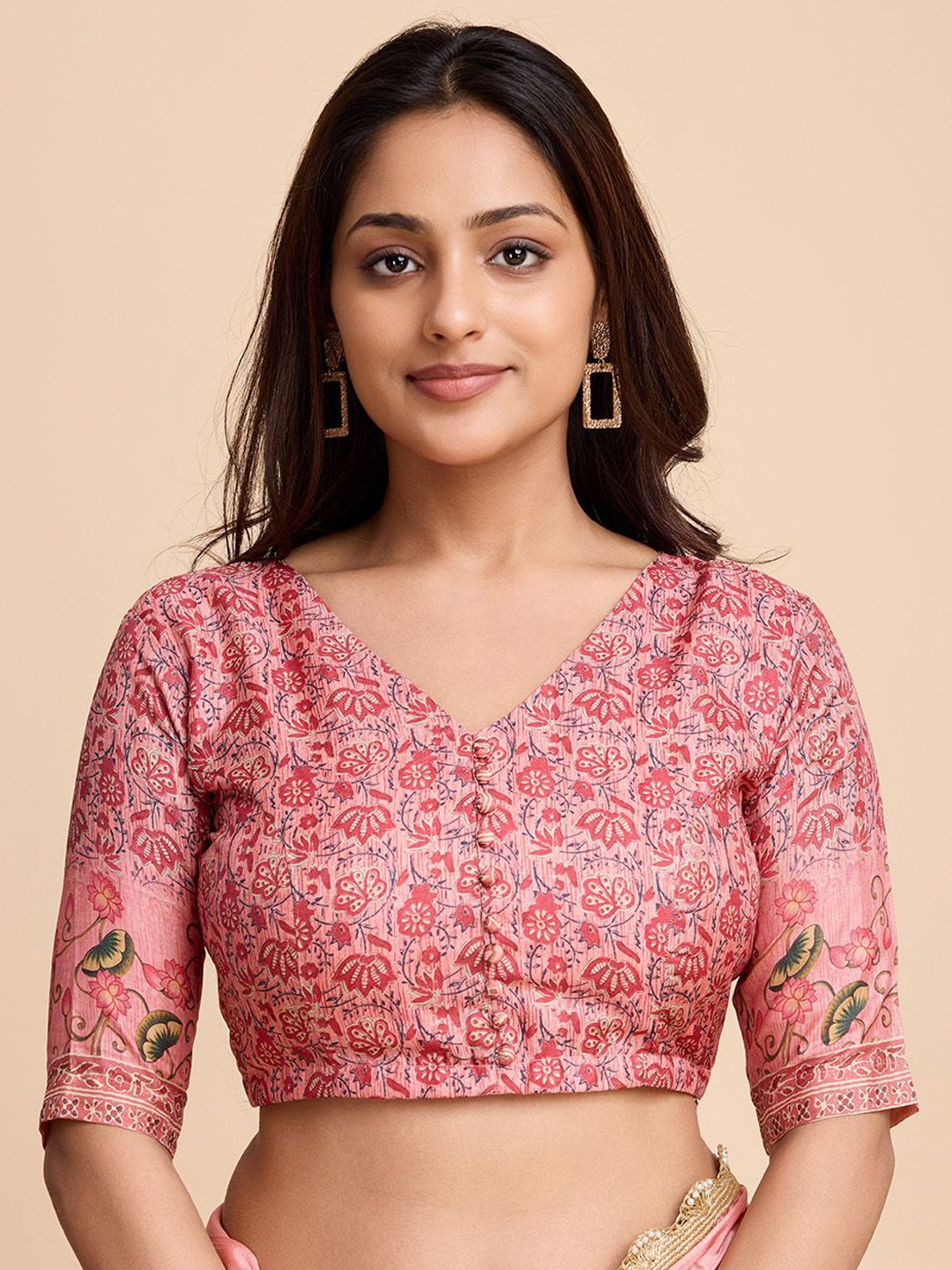 

Tasarika Printed V-Neck Short Sleeve Saree Blouse, Pink