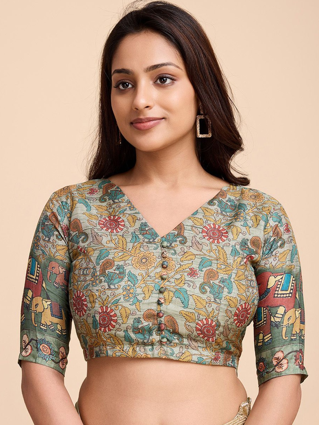 

Tasarika Printed V-Neck Short Sleeve Saree Blouse, Fluorescent green