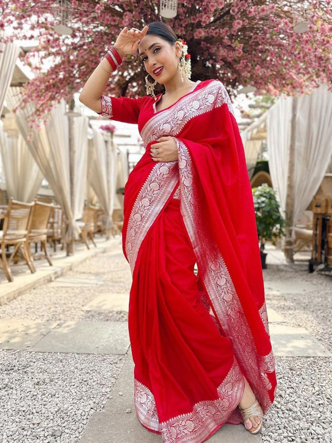 

bansari textiles Woven Design Zari Banarasi Saree, Red