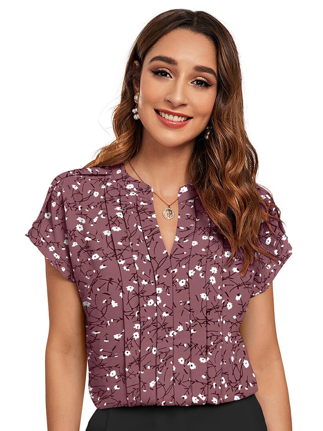 

BAESD Floral Print Mandarin Collar Extended Sleeves Cotton Top, Pink