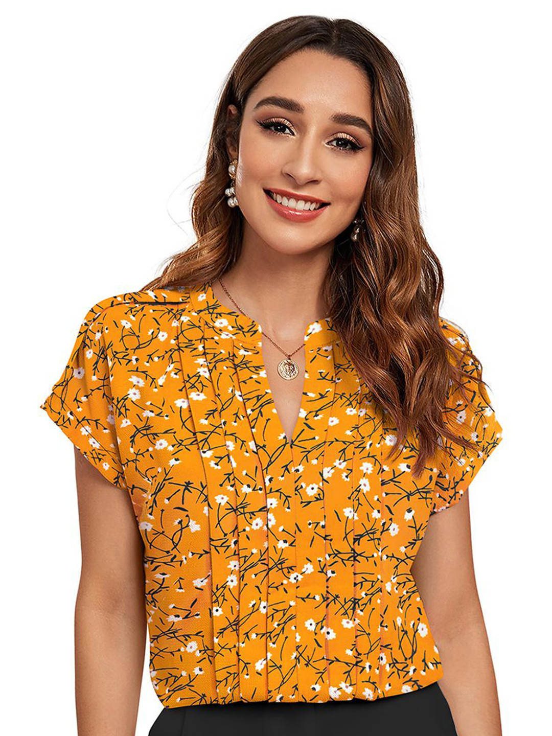 

BAESD Floral Print Mandarin Collar Extended Sleeves Cotton Top, Yellow