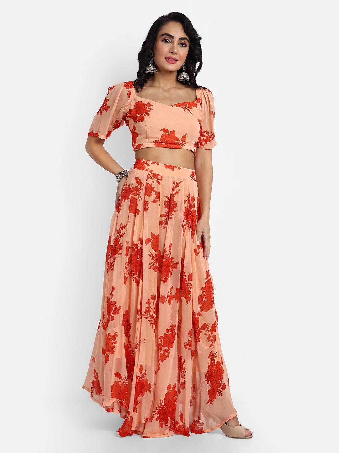 

GENDAFOOL Printed Ready to Wear Lehenga & Blouse With Dupatta, Peach