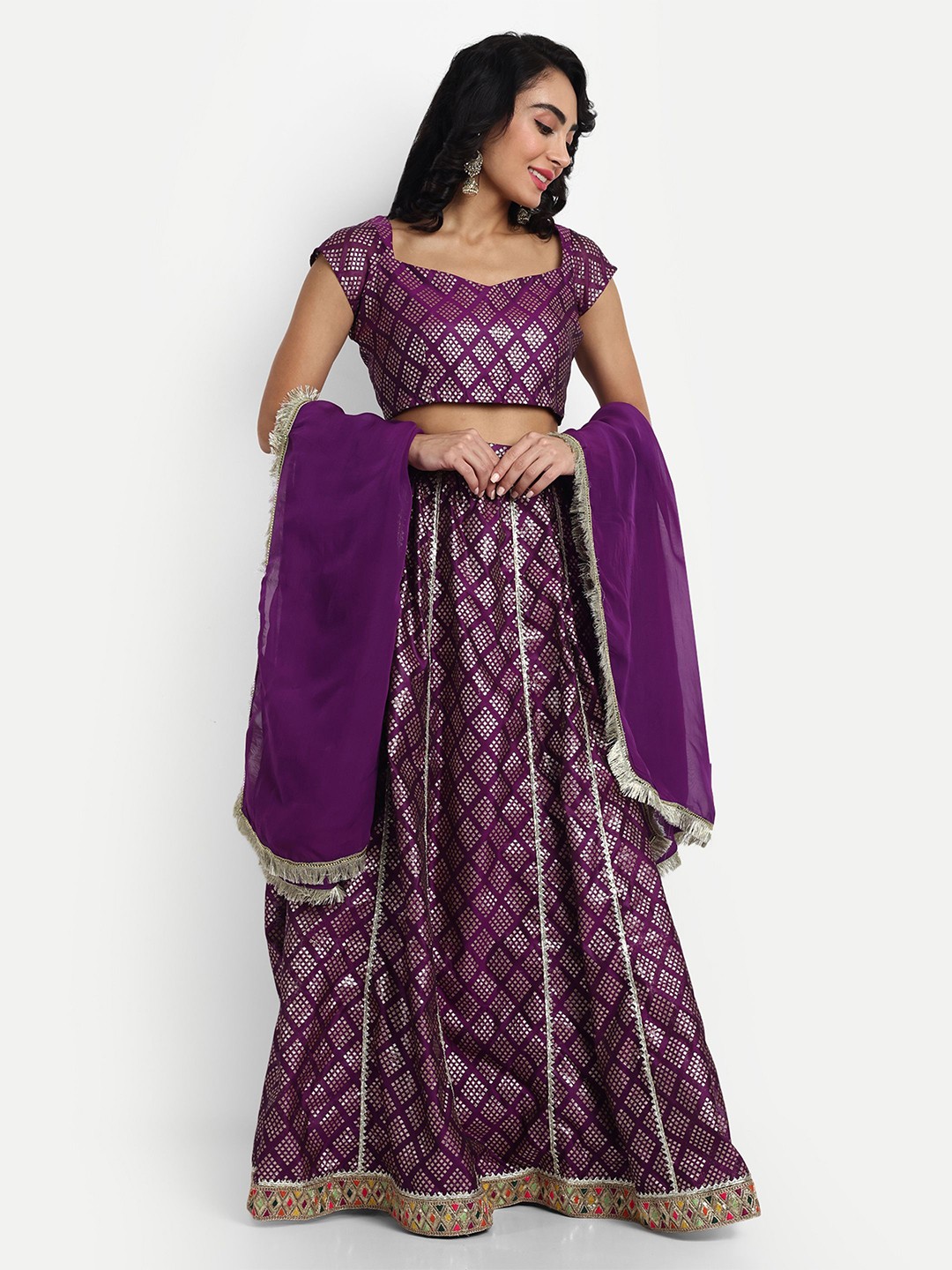 

GENDAFOOL Embellished Sequinned Ready to Wear Lehenga & Blouse With Dupatta, Purple