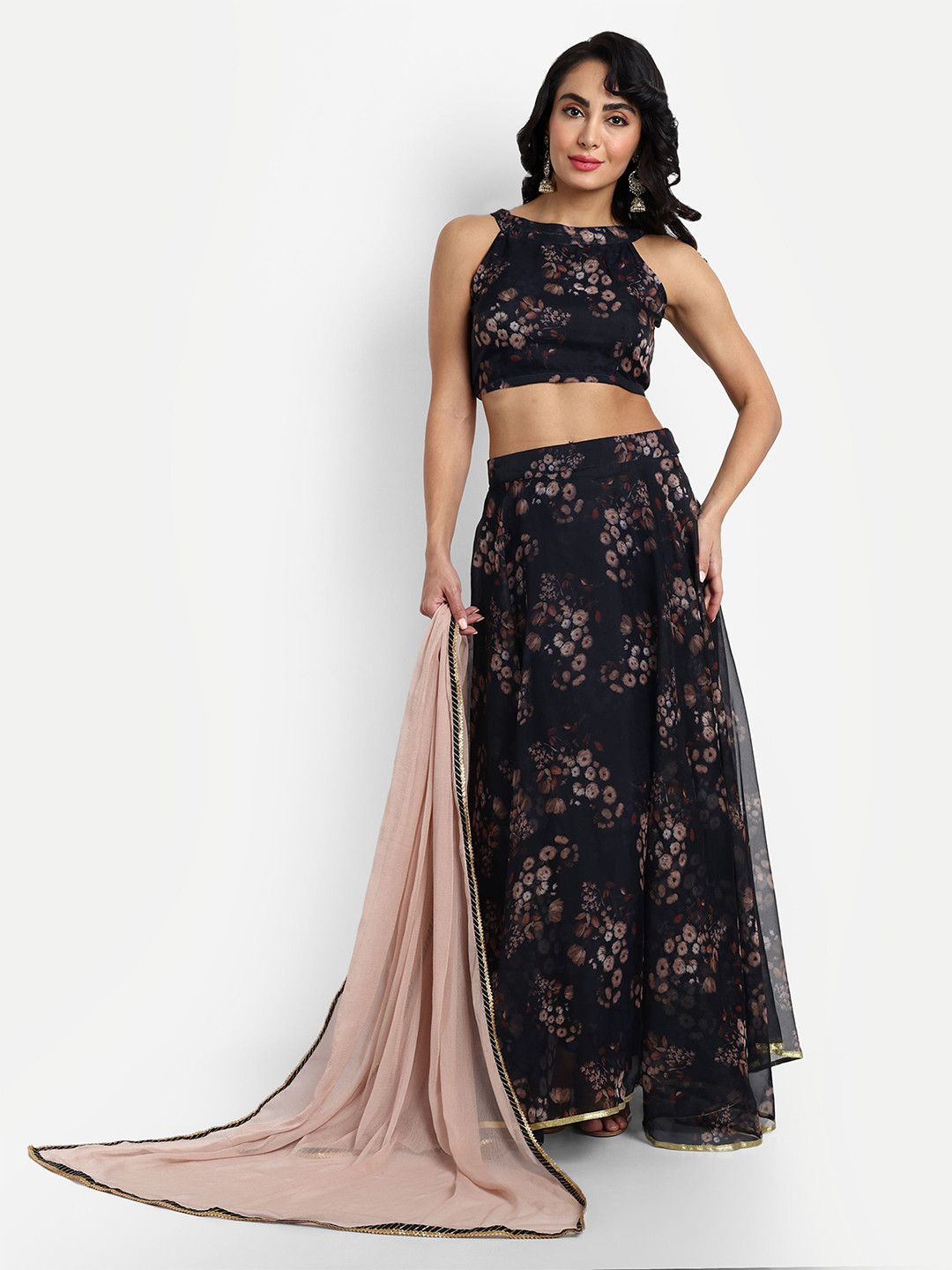 

GENDAFOOL Printed Sequinned Ready to Wear Lehenga & Blouse With Dupatta, Navy blue