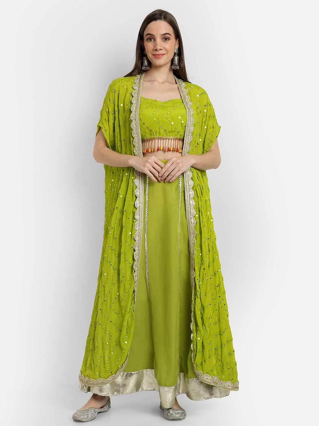 

GENDAFOOL Gotta Patti Mirror Work Shoulder Straps Top With Skirt & Jacket, Green