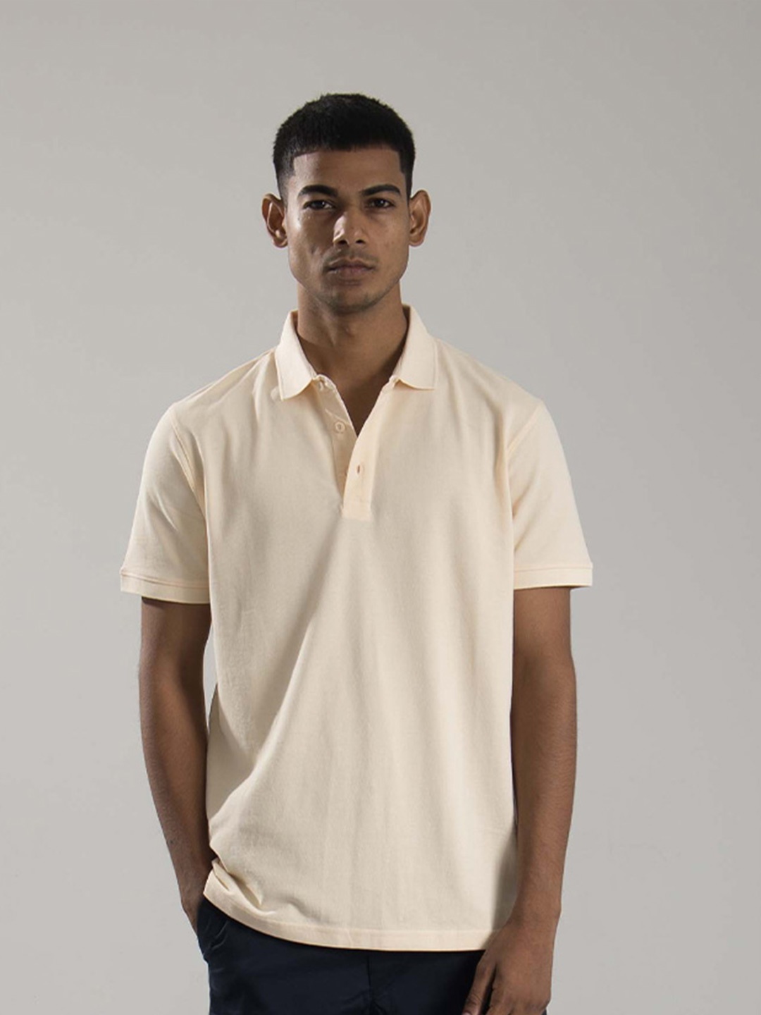 

ONEWAY Men Polo Collar Solid T-shirt, Cream