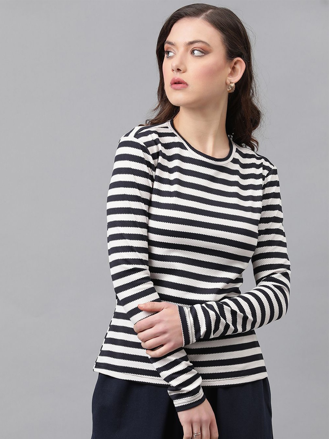 

KOTTY Basics Striped Monochrome Round Neck Cotton Top, White