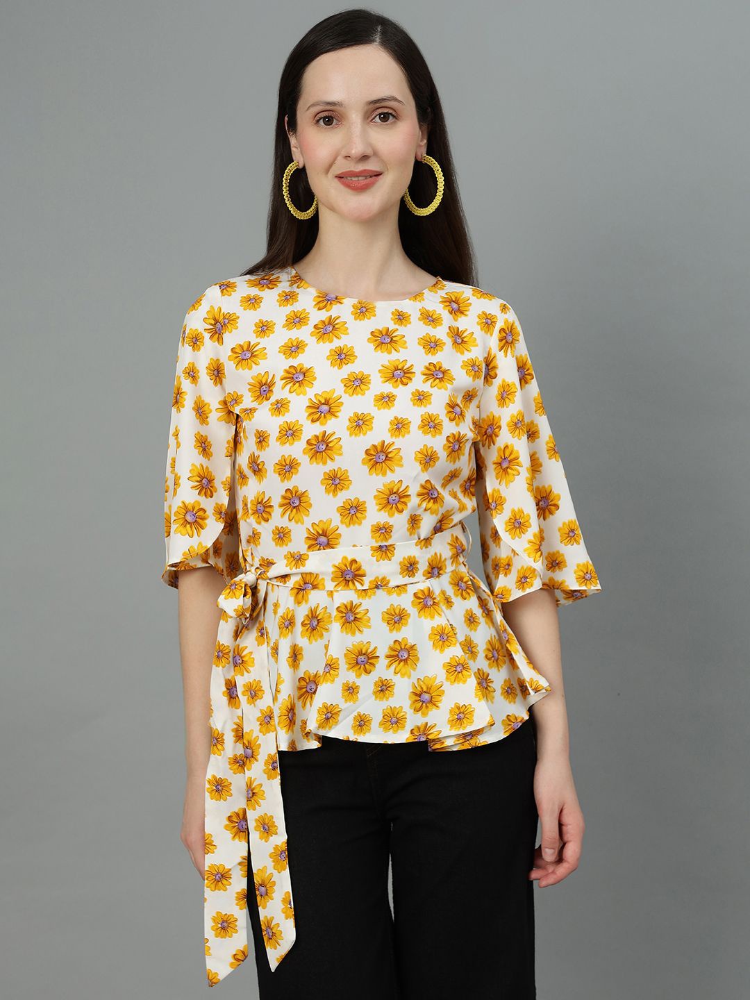 

Kotty Floral Printed Round Neck Crepe Cinched Waist Top, Yellow