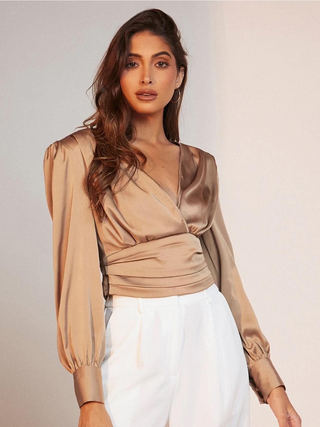

Kotty V-Neck Ruched Solid Wrap Top, Bronze