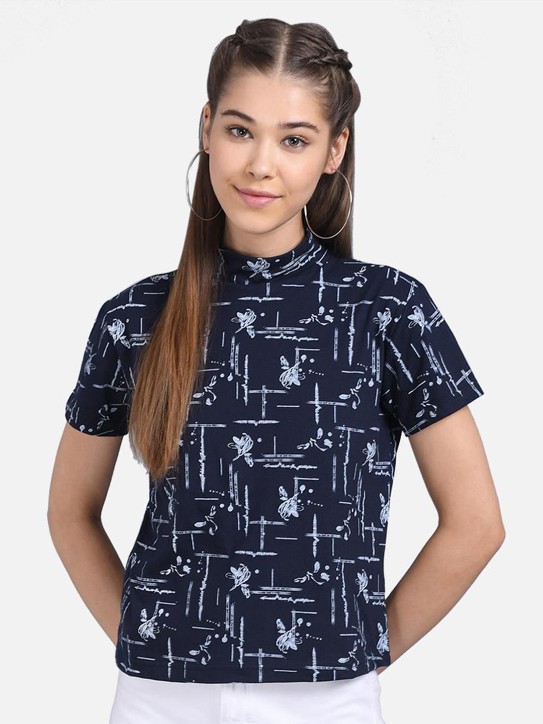 

Kotty Floral Printed Pure Cotton High Neck Top, Blue