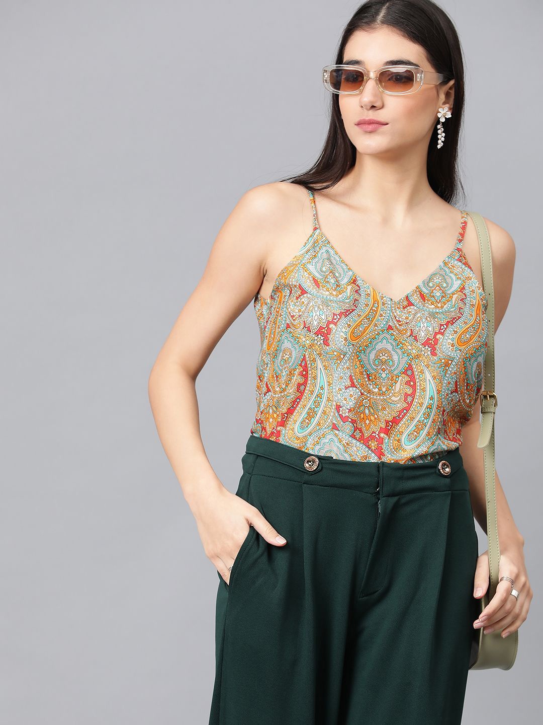 

Kotty Ethnic Motifs Printed Sleeveless Crepe Top, Green