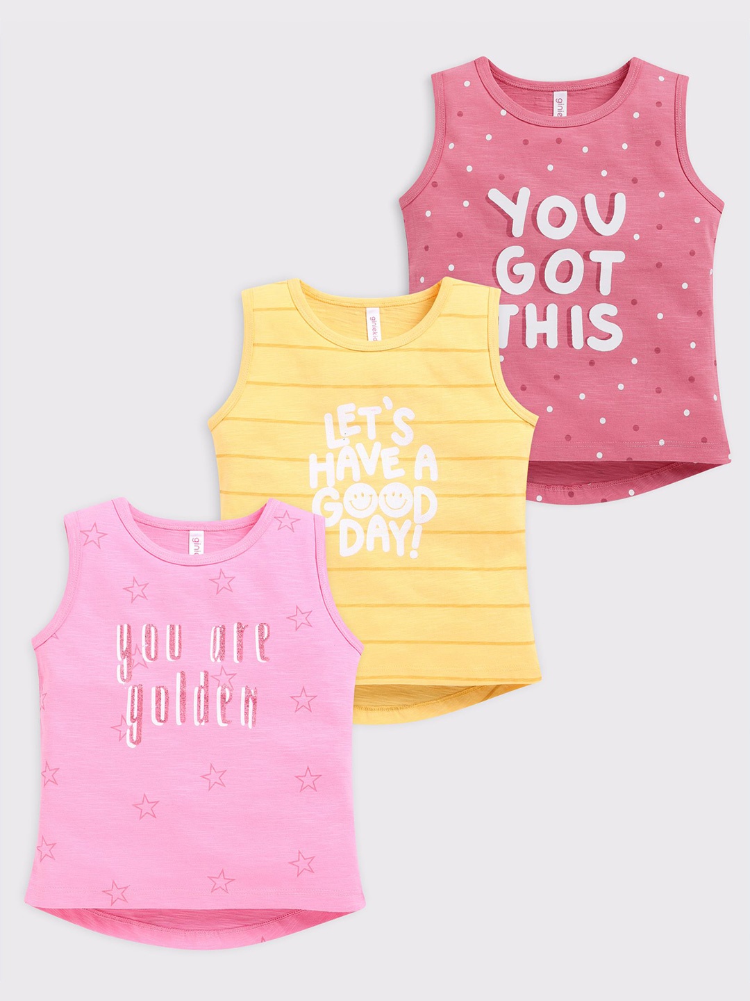 

Ginie Girls Pack Of 3 Typography Printed Sleeveless Round Neck Cotton Top, Pink