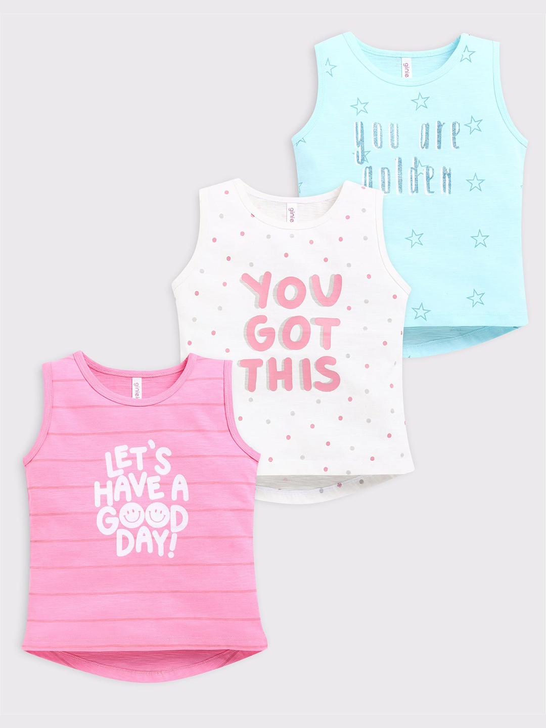 

Ginie Girls Pack Of 3 Round Neck Typography Printed Cotton Tops, Pink