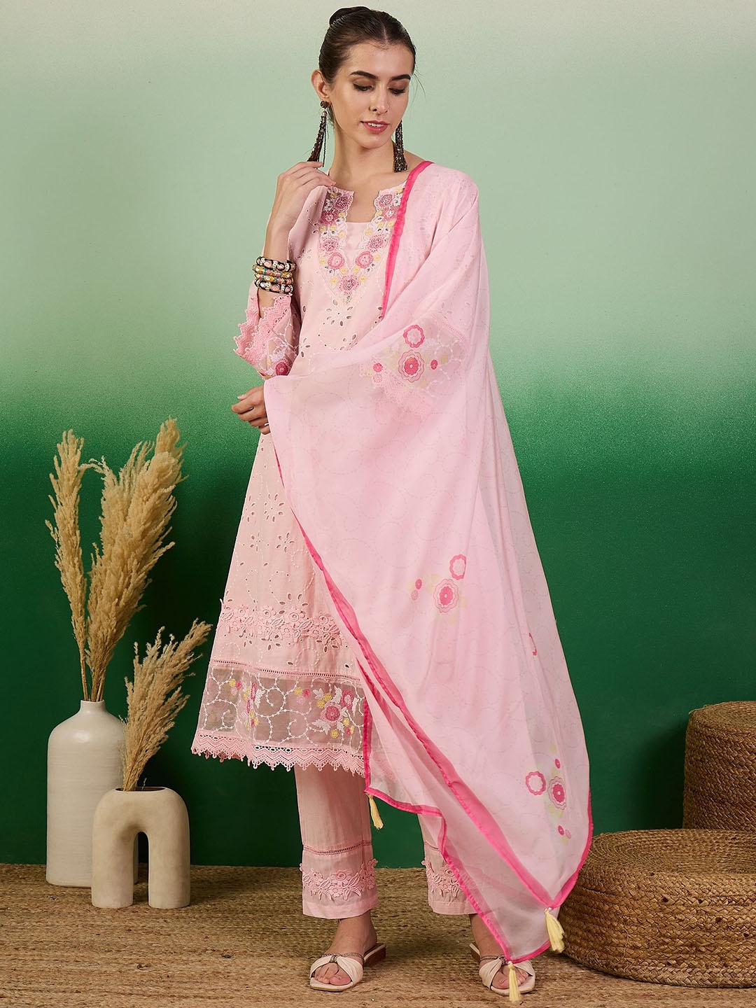 

Sangria Embroidered Pure Cotton Straight Kurta With Trouser & Dupatta Set, Pink