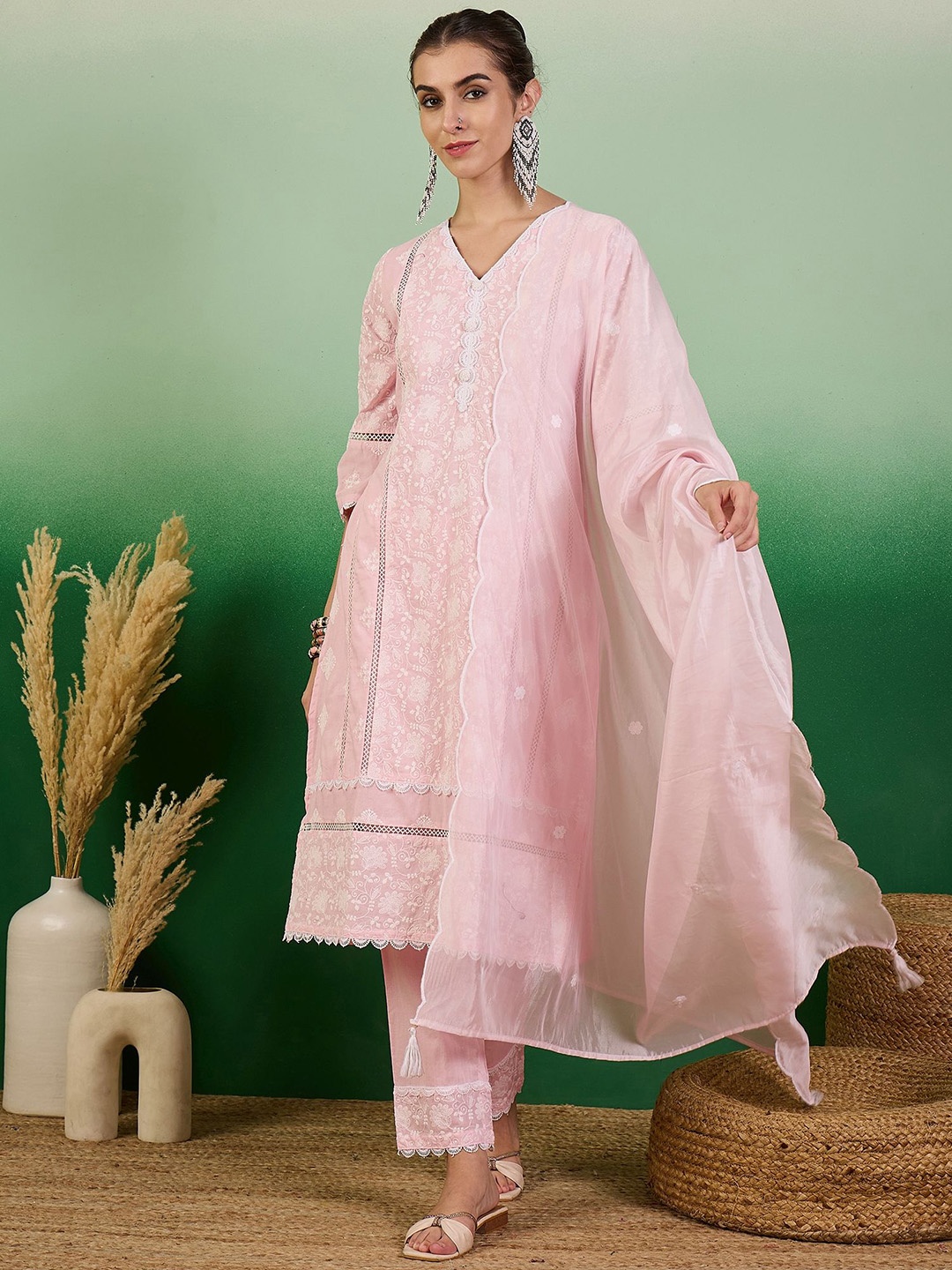 

Sangria Embroidered Pure Cotton Straight Kurta With Trouser & Dupatta Set, Pink