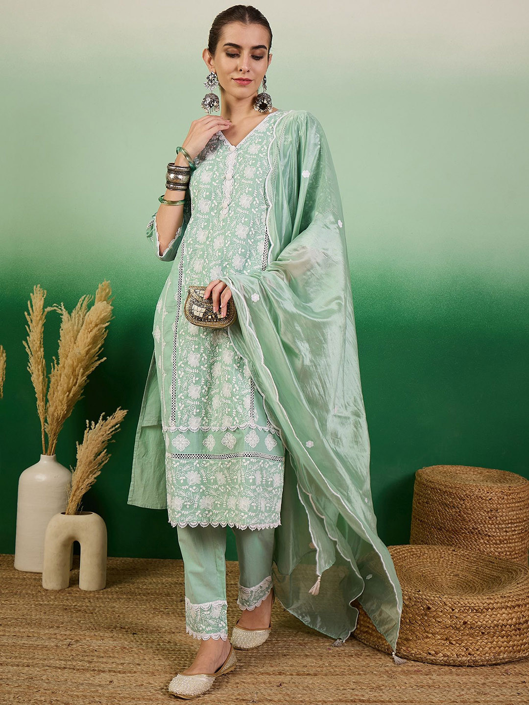 

Sangria Embroidered Pure Cotton Straight Kurta With Trouser & Dupatta Set, Sea green