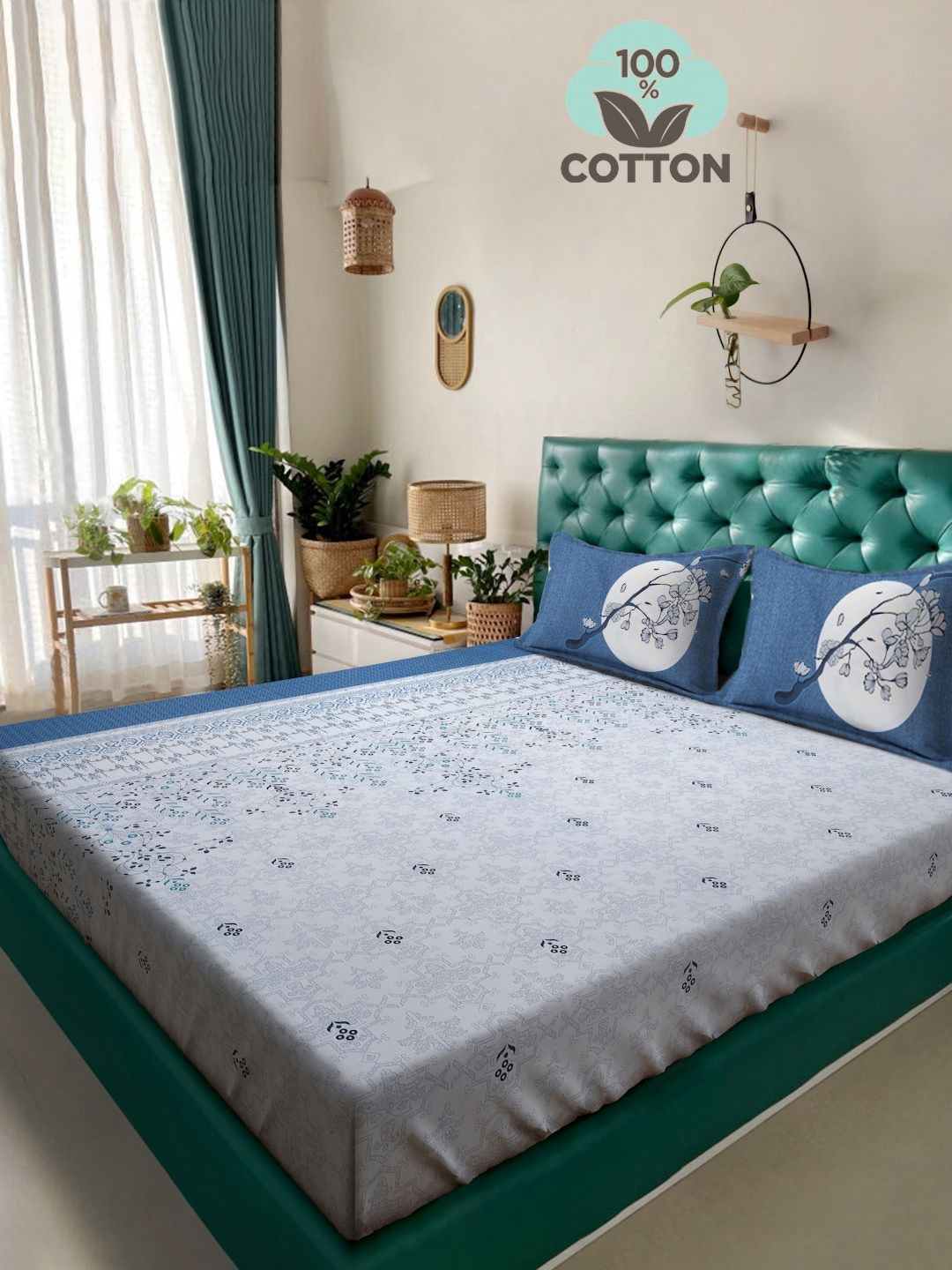 

KLOTTHE White & Blue Printed 400 TC Pure Cotton Super King Bedsheet With 2 Pillow Covers