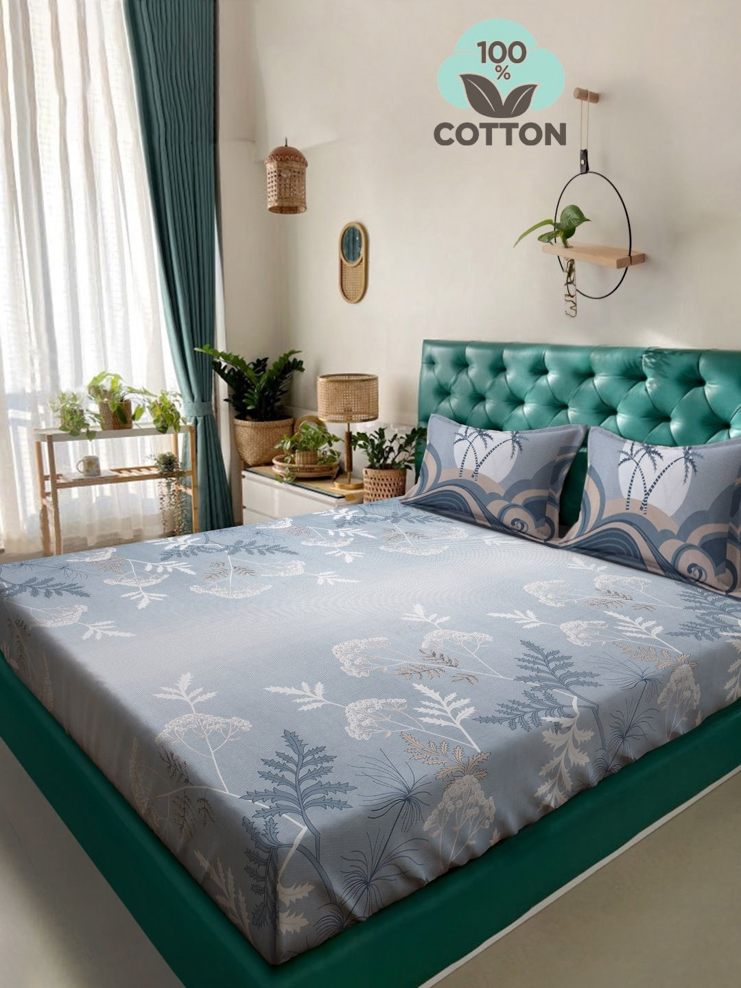 

KLOTTHE Grey & Beige Printed 400 TC Pure Cotton Super King Bedsheet With 2 Pillow Covers