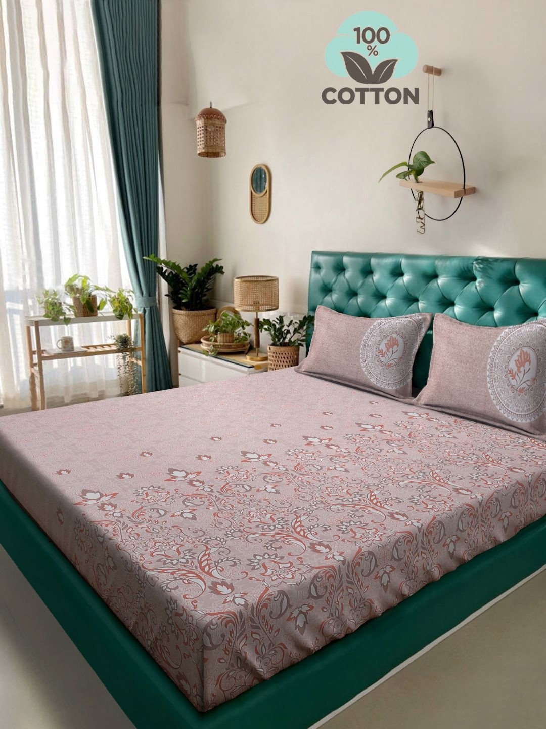 

KLOTTHE Peach Coloured Printed 400 TC Pure Cotton Super King Bedsheet & 2 Pillow Covers