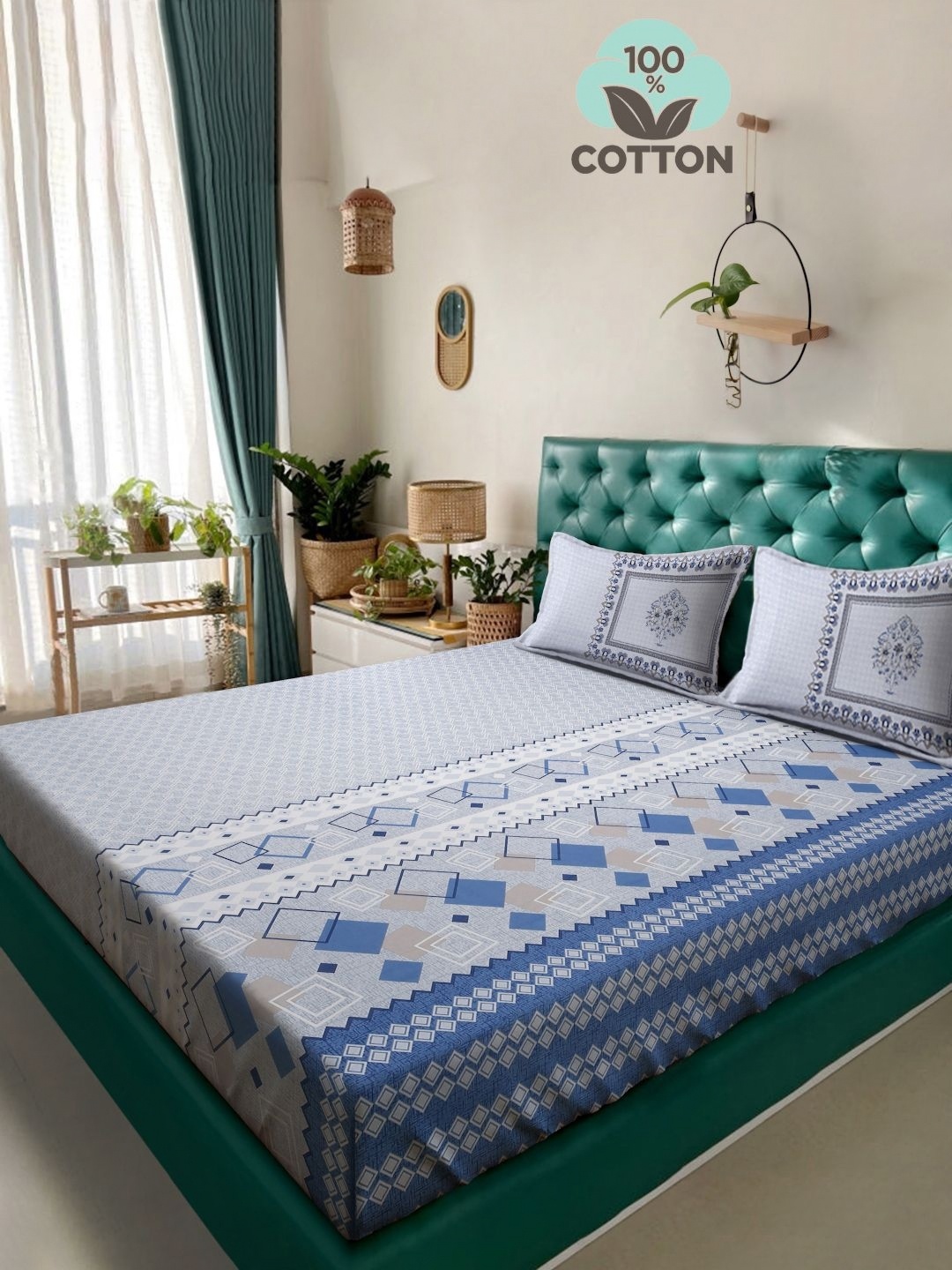 

KLOTTHE Blue Printed 400 TC Pure Cotton Super King Bedsheet With 2 Pillow Covers