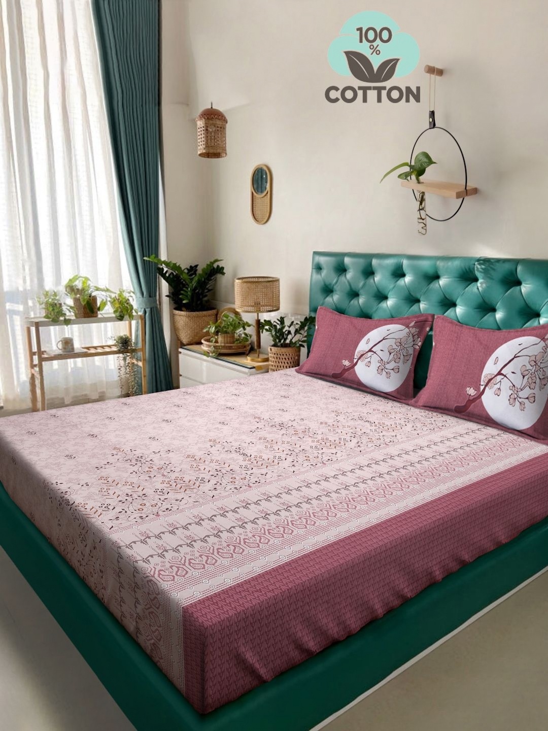 

KLOTTHE Pink & Magenta Printed 400 TC Pure Cotton Super King Bedsheet With 2 Pillow Cove