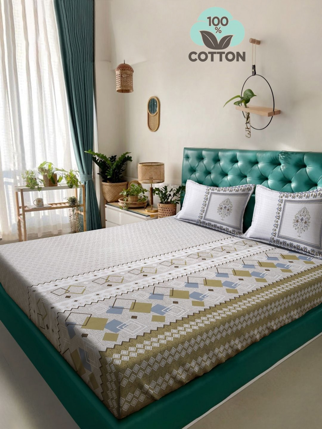 

KLOTTHE Grey Printed 400 TC Pure Cotton Super King Bedsheet With 2 Pillow Covers