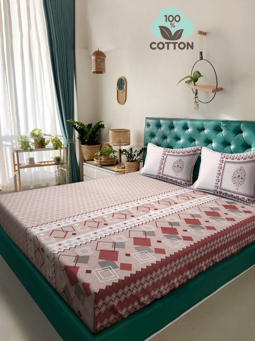 

KLOTTHE Peach Coloured Printed 400 TC Pure Cotton Super King Bedsheet With 2 Pillow Cover