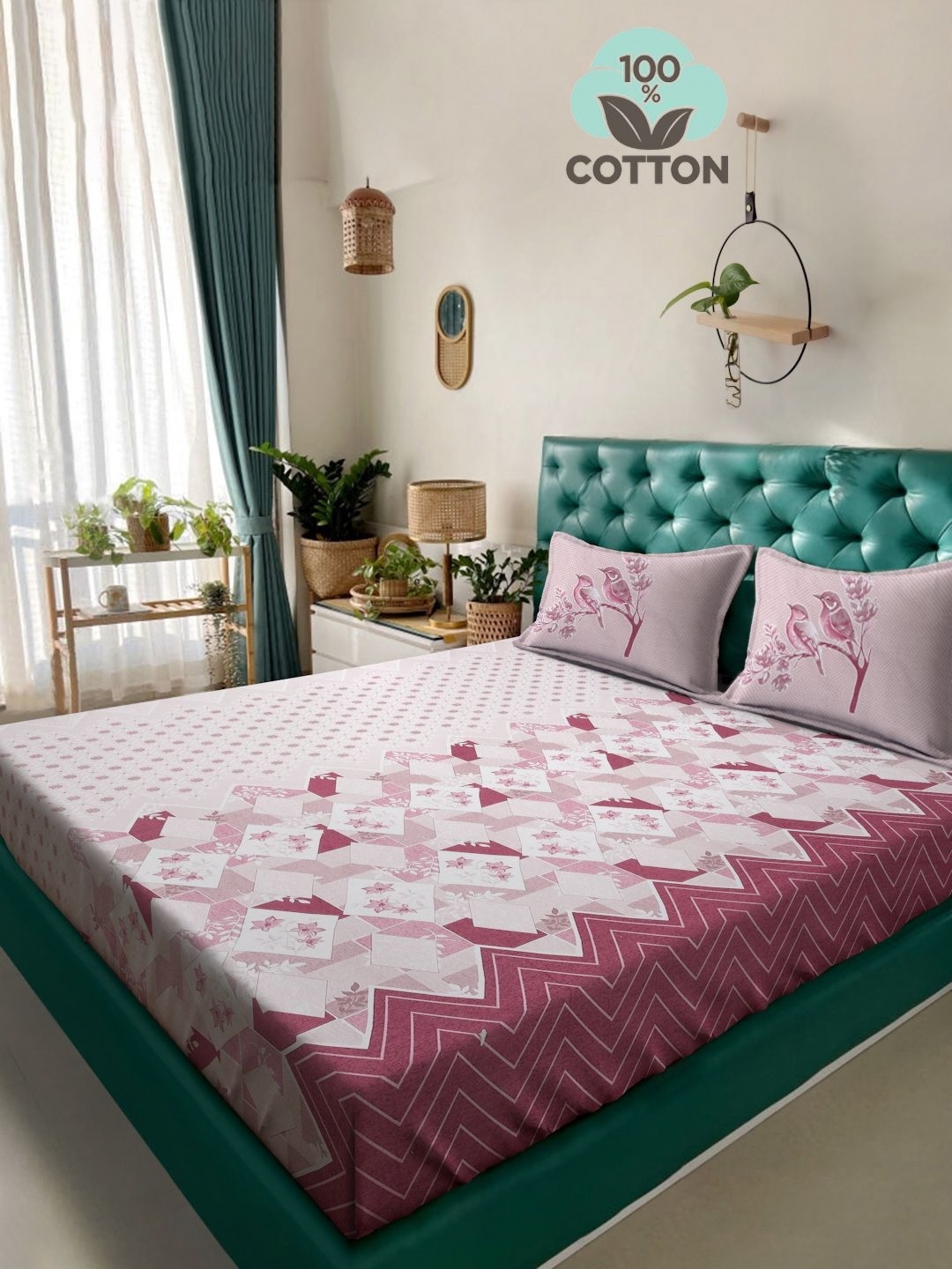 

KLOTTHE Pink & Magenta Printed 400 TC Pure Cotton Super King Bedsheet With 2 Pillow Cover