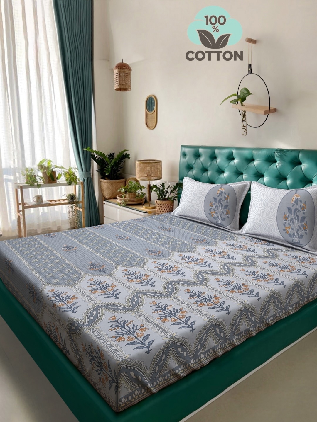 

KLOTTHE Grey Printed 400 TC Pure Cotton Super King Bedsheet With 2 Pillow Covers