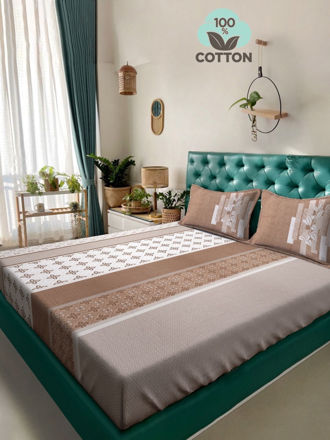 

KLOTTHE Brown Printed 400 TC Pure Cotton Super King Bedsheet With 2 Pillow Covers