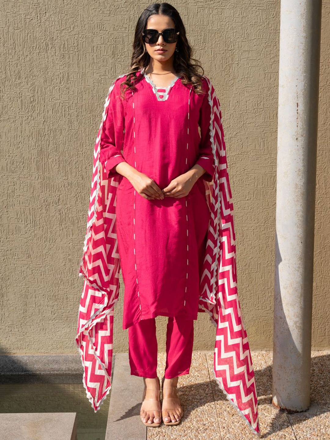 

KALINI Women Yoke Design Regular Gotta Patti Kurta with Trousers & With Dupatta, Pink