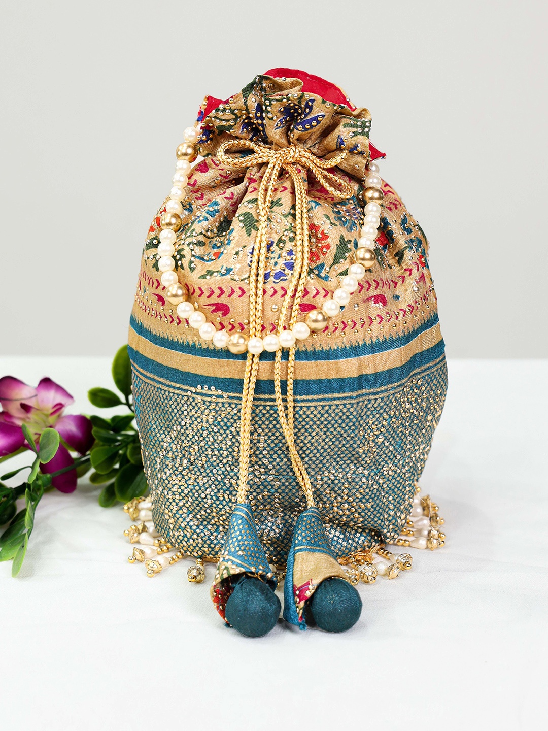 

LOOKNBOOK ART Embroidered Potli Clutch, Teal