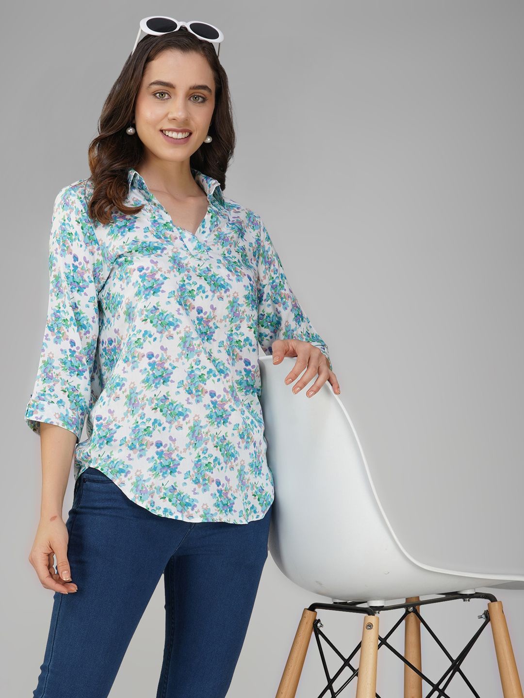 

KALINI Floral Print Wrap Top, Blue