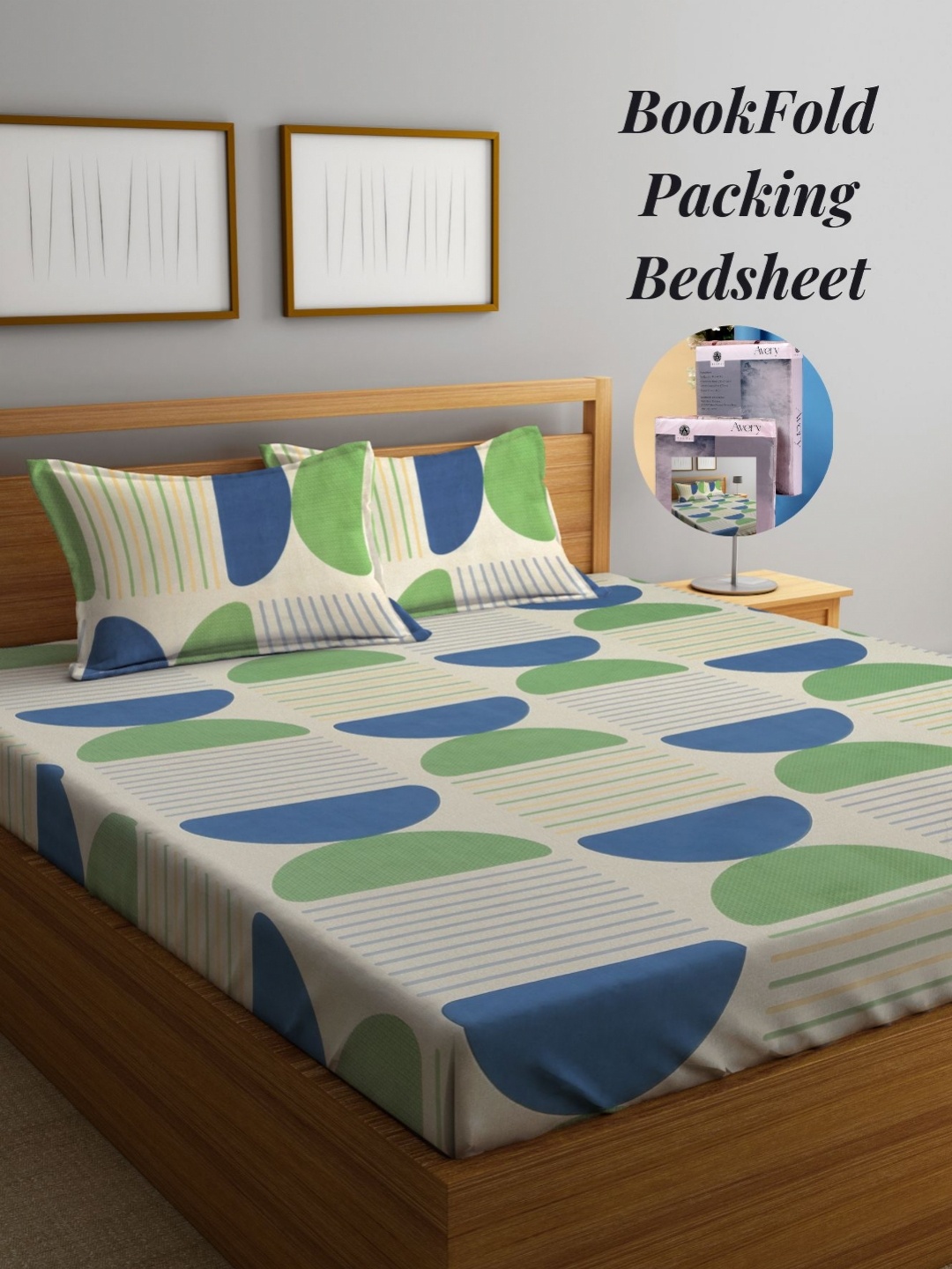 

Arrabi Cream-Coloured & Green Geometric 300 TC King Bedsheet with 2 Pillow Covers