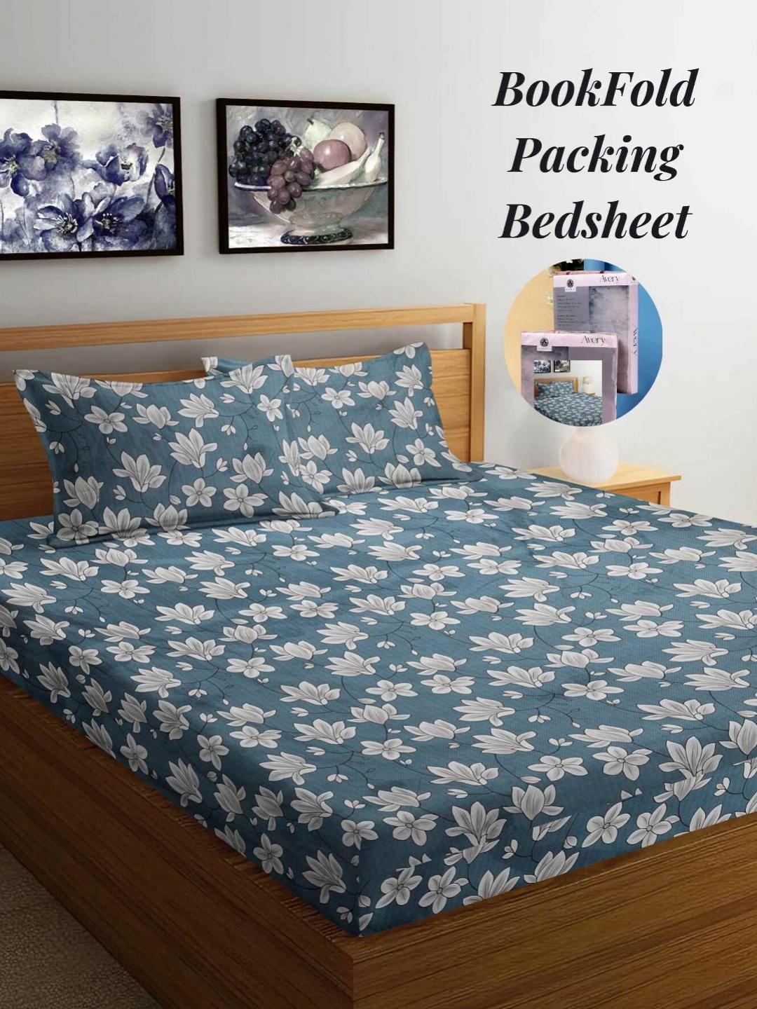 

Arrabi Blue & Grey Floral 300 TC King Bedsheet with 2 Pillow Covers