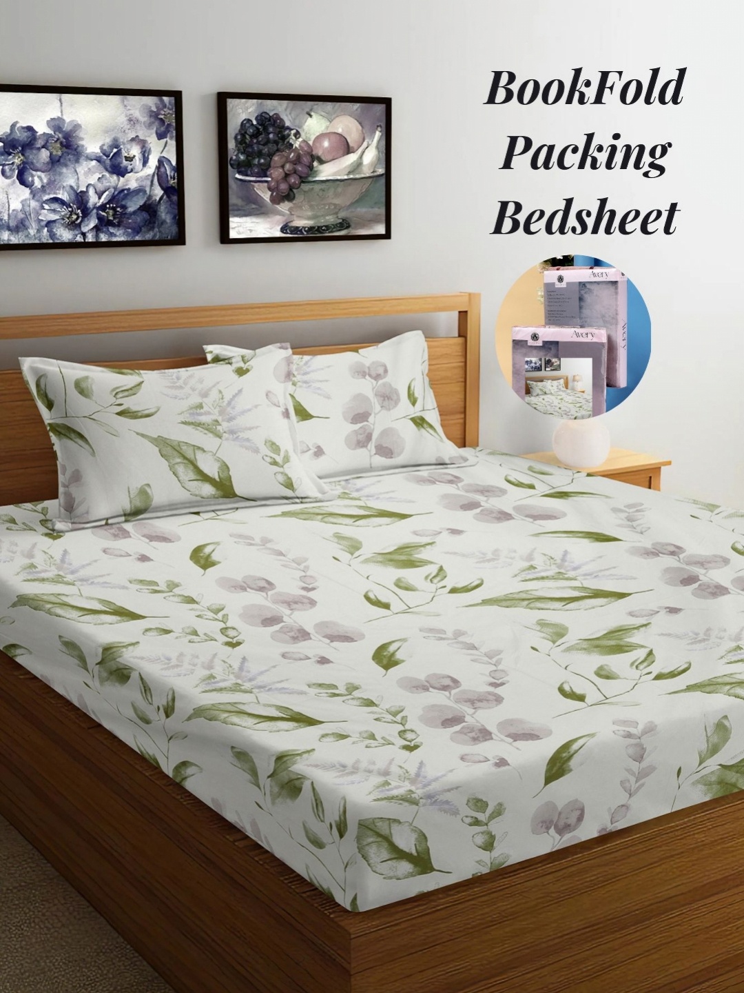 

Arrabi Cream-Coloured & Green Floral 300 TC King Bedsheet with 2 Pillow Covers