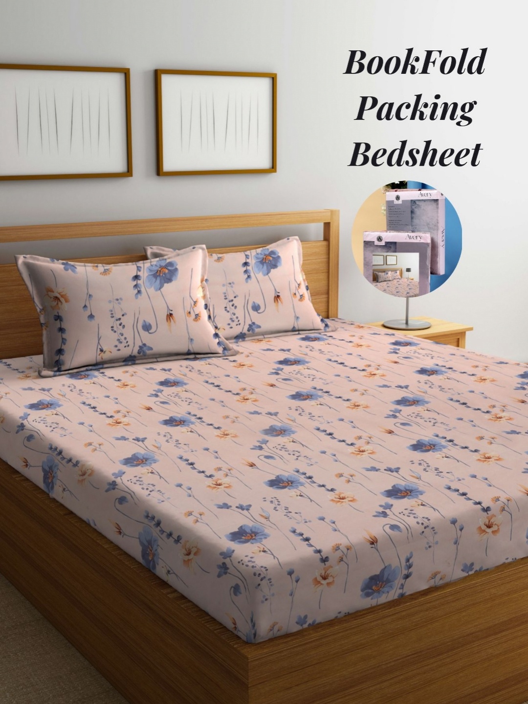 

Arrabi Peach-Coloured & Blue Floral 300 TC King Bedsheet with 2 Pillow Covers