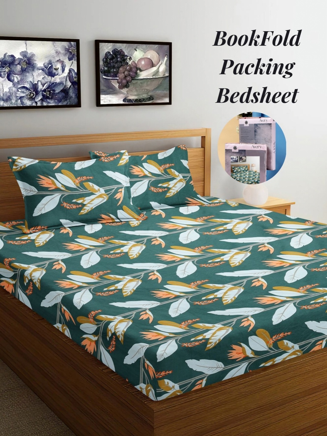 

Arrabi Green & Orange Floral 300 TC King Bedsheet with 2 Pillow Covers