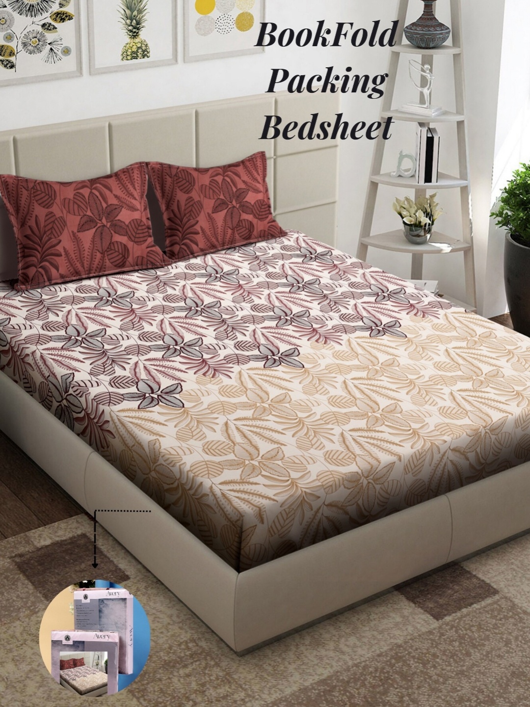 

Arrabi Cream-Coloured & Brown Floral 300 TC King Bedsheet with 2 Pillow Covers