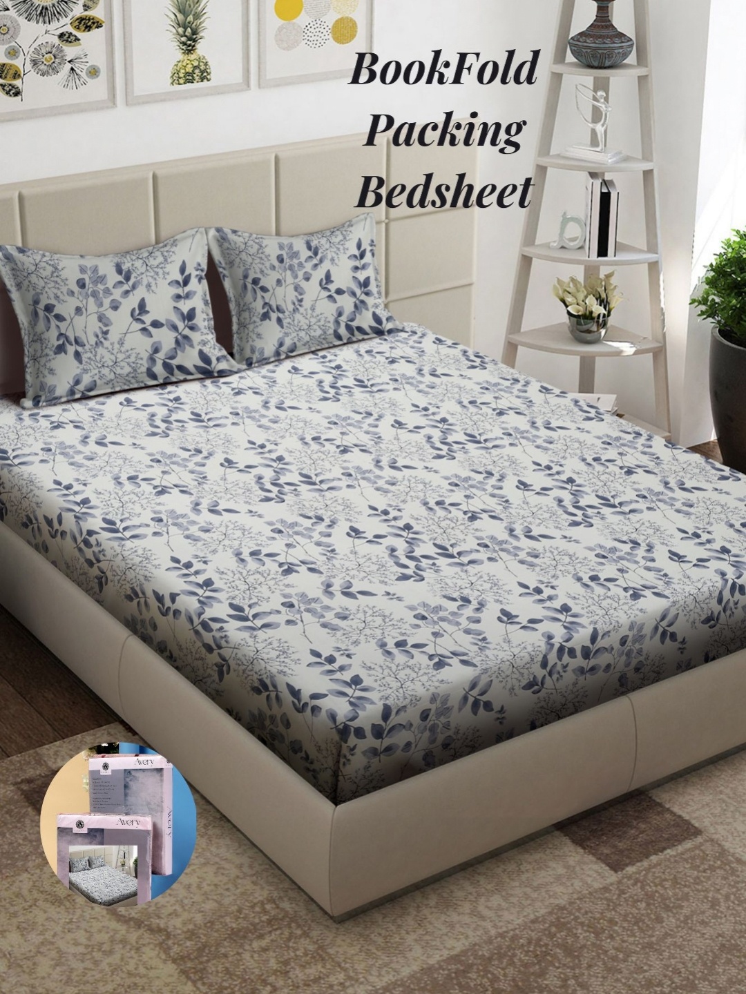 Arrabi Cream-Coloured & Blue Floral 300 TC King Bedsheet with 2 Pillow Covers