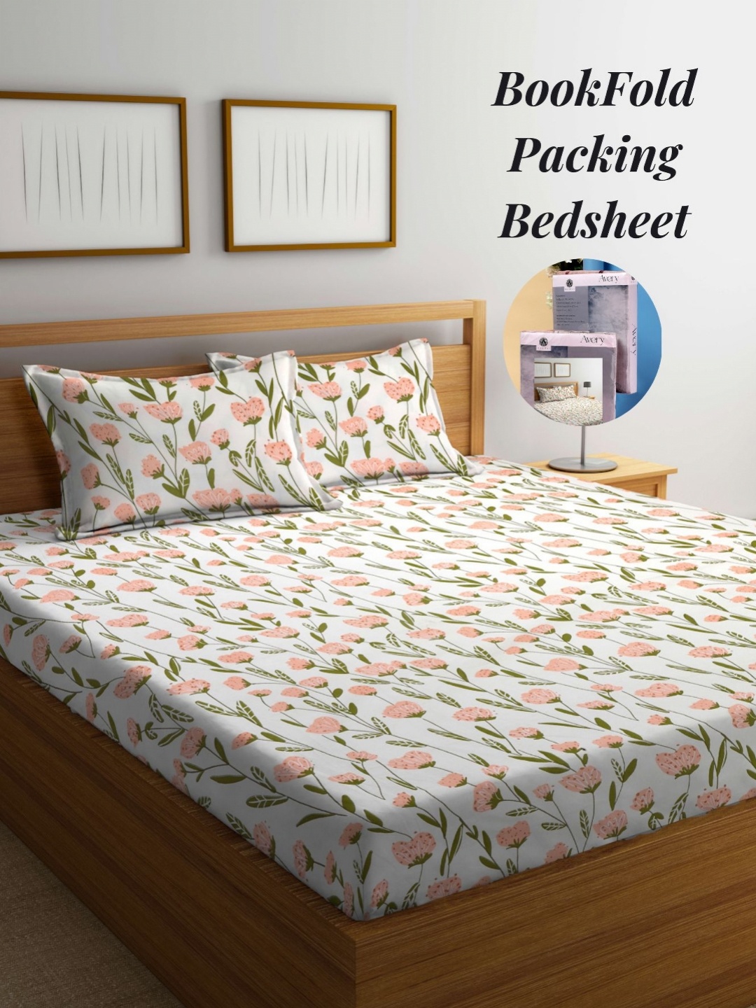 

Arrabi Cream-Coloured & Green Floral 300 TC King Bedsheet with 2 Pillow Covers