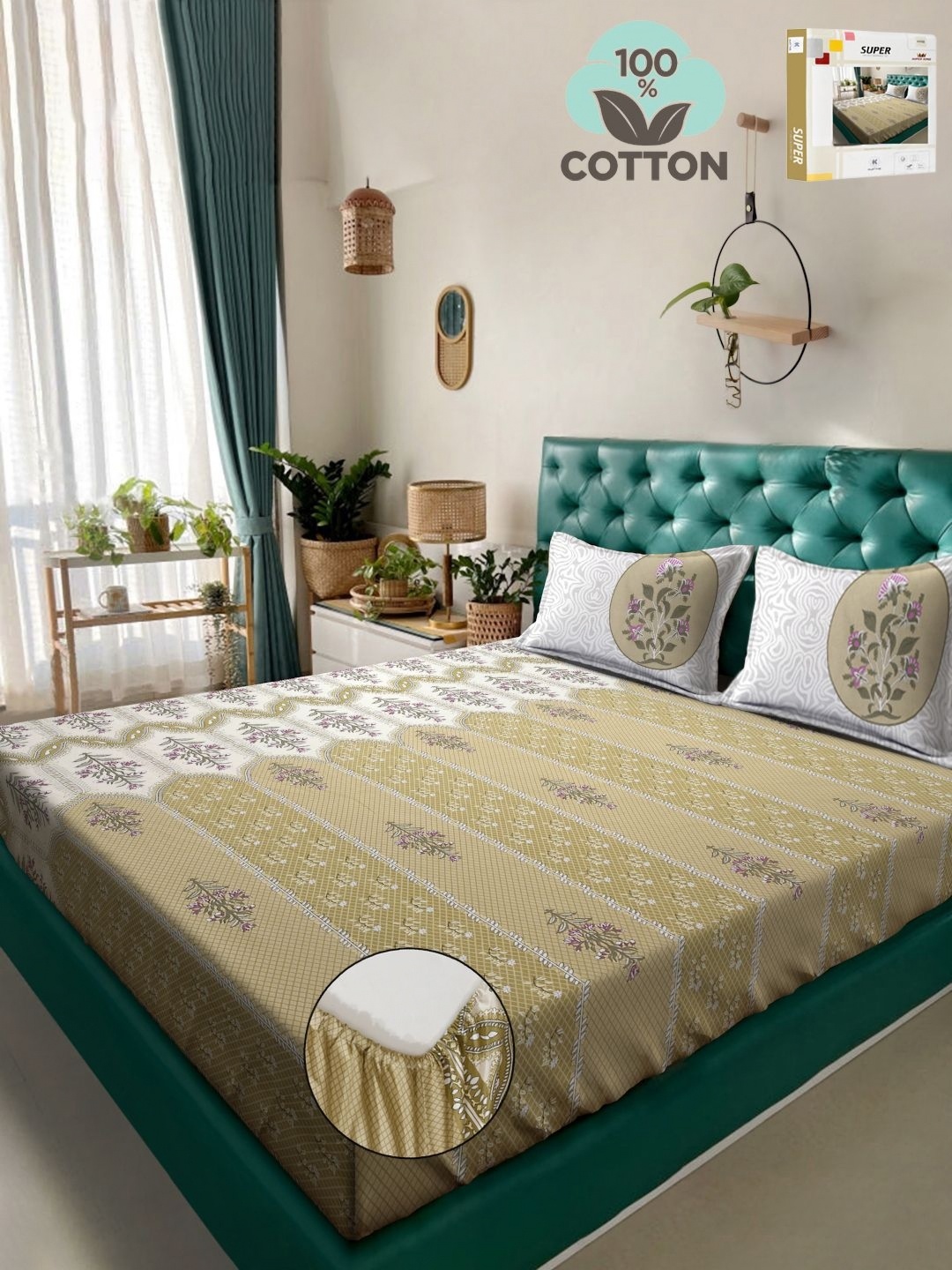 

KLOTTHE Olive Printed 400 TC Pure Cotton Super King Fitted Bedsheet & 2 Pillow Covers