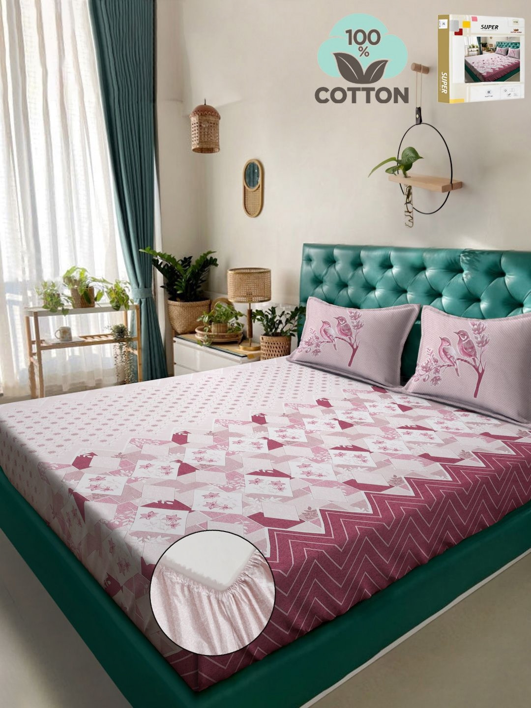 

KLOTTHE Pink Printed 400 TC Pure Cotton Super King Fitted Bedsheet & 2 Pillow Covers