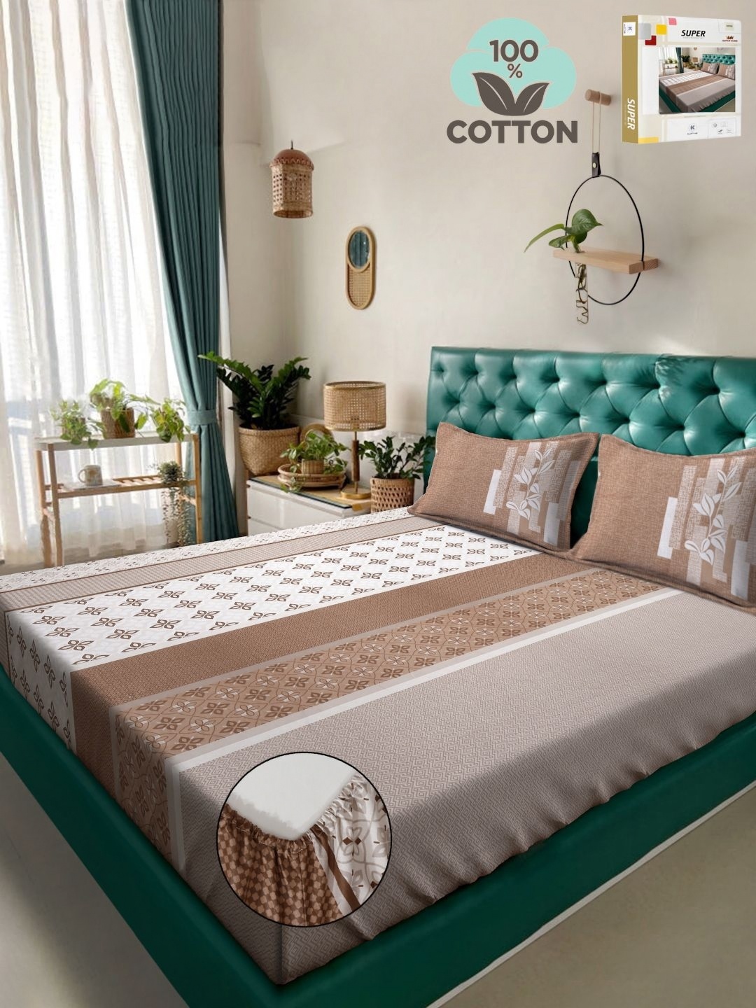 

KLOTTHE Brown Printed 400 TC Pure Cotton Super King Fitted Bedsheet & 2 Pillow Covers