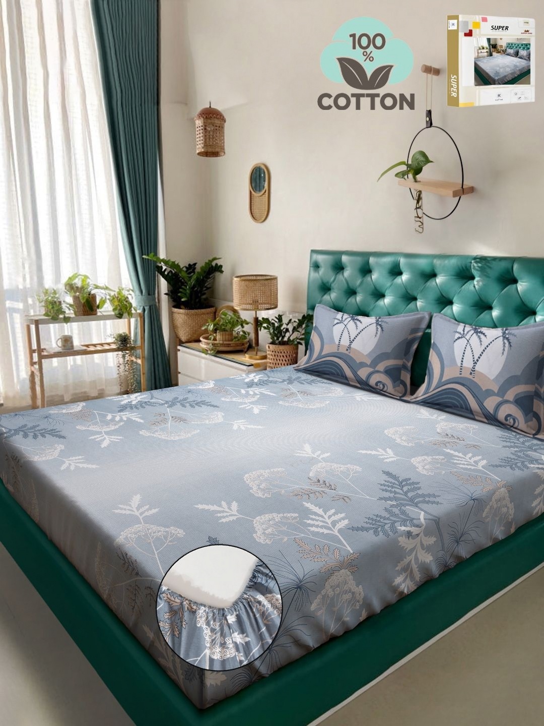 

KLOTTHE Grey Printed 400 TC Pure Cotton Super King Fitted Bedsheet & 2 Pillow Covers